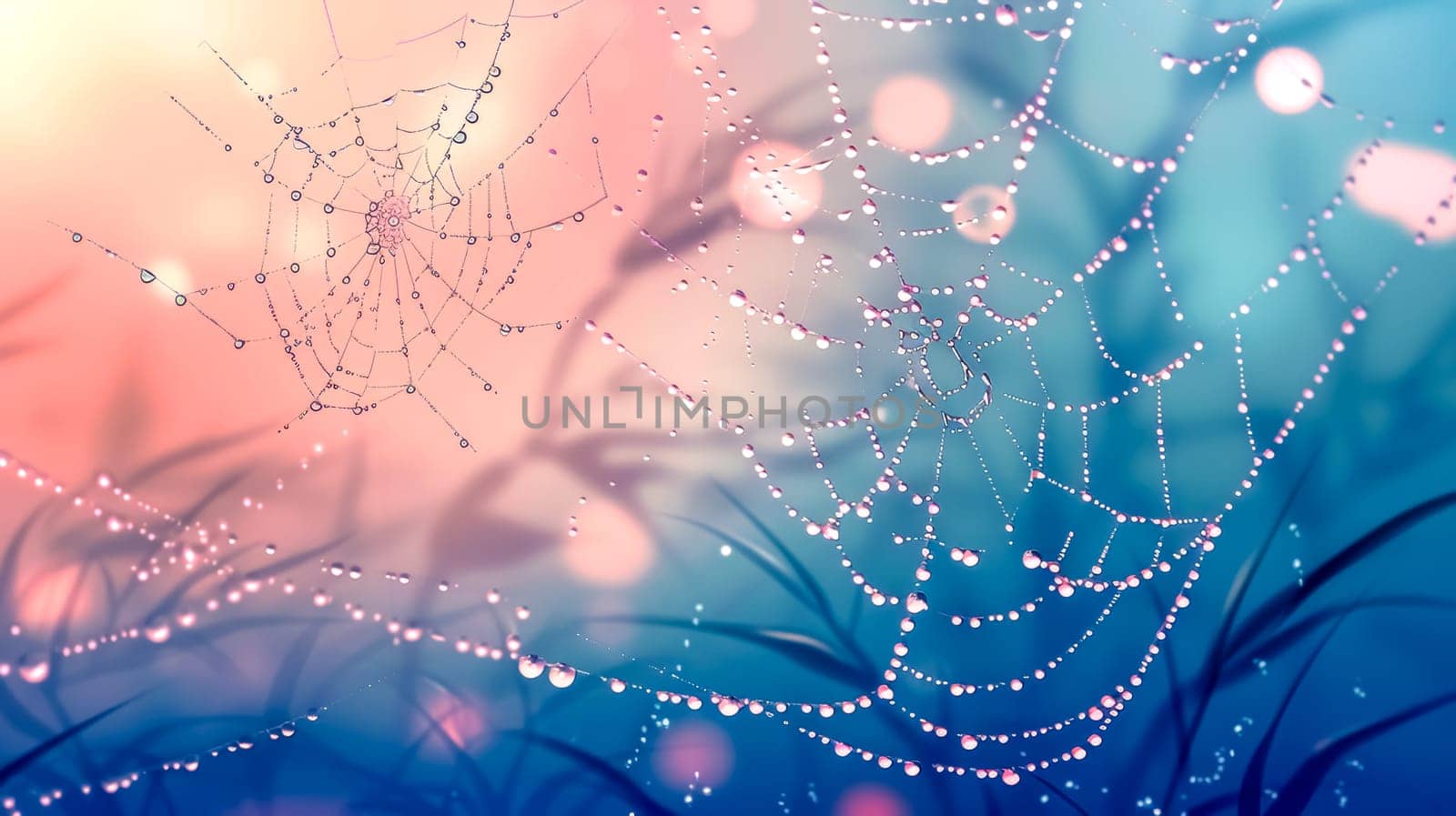 Close-up of a delicate spider web covered in morning dew, with a soft, colorful sunrise background