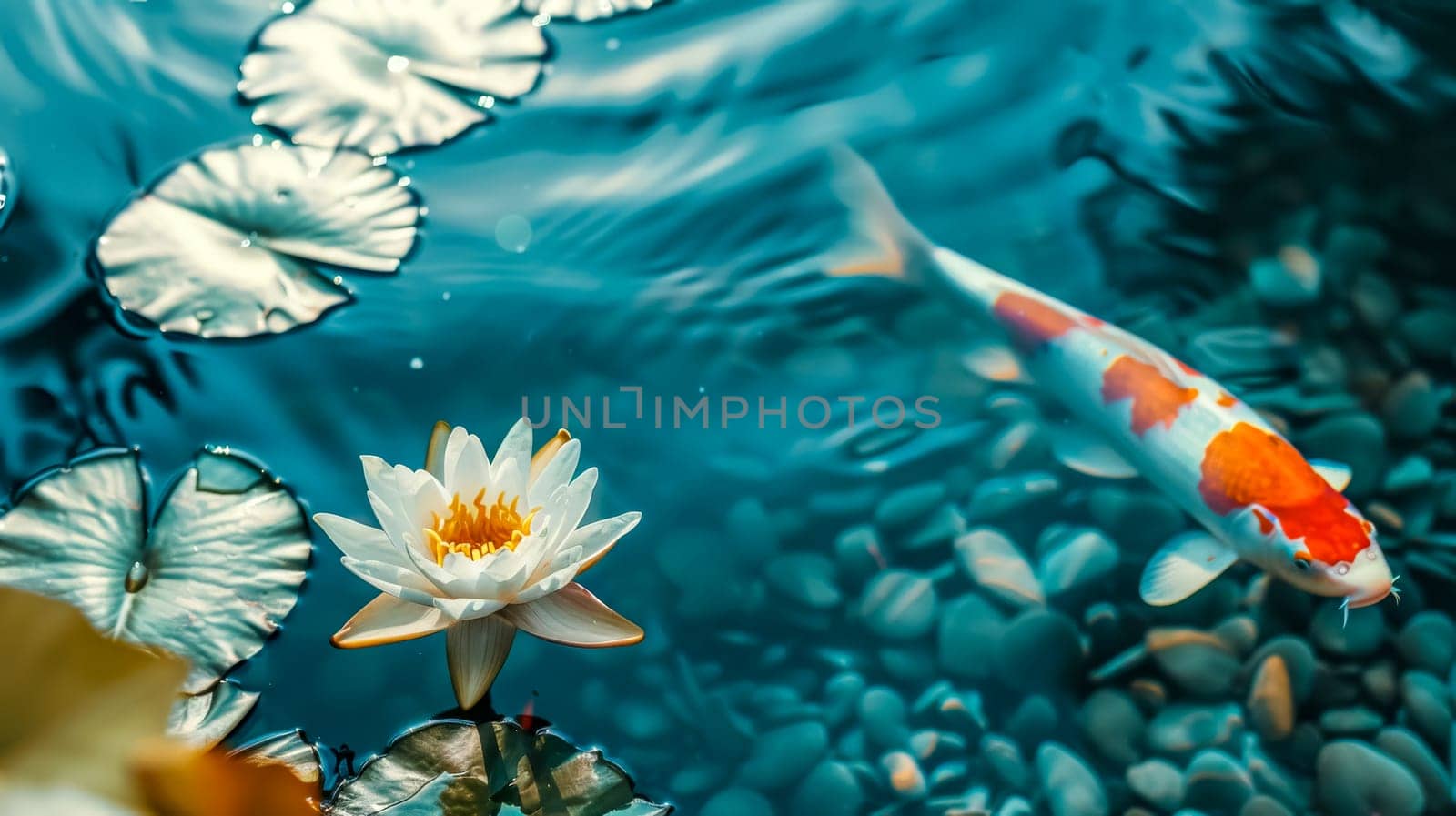 Serene image of a colorful koi fish swimming near a blooming water lily in a tranquil pond