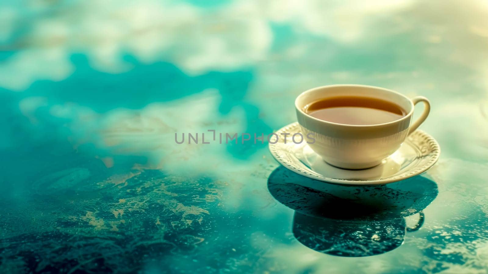 Tranquil scene with a white teacup full of tea on a reflective aqua-toned surface
