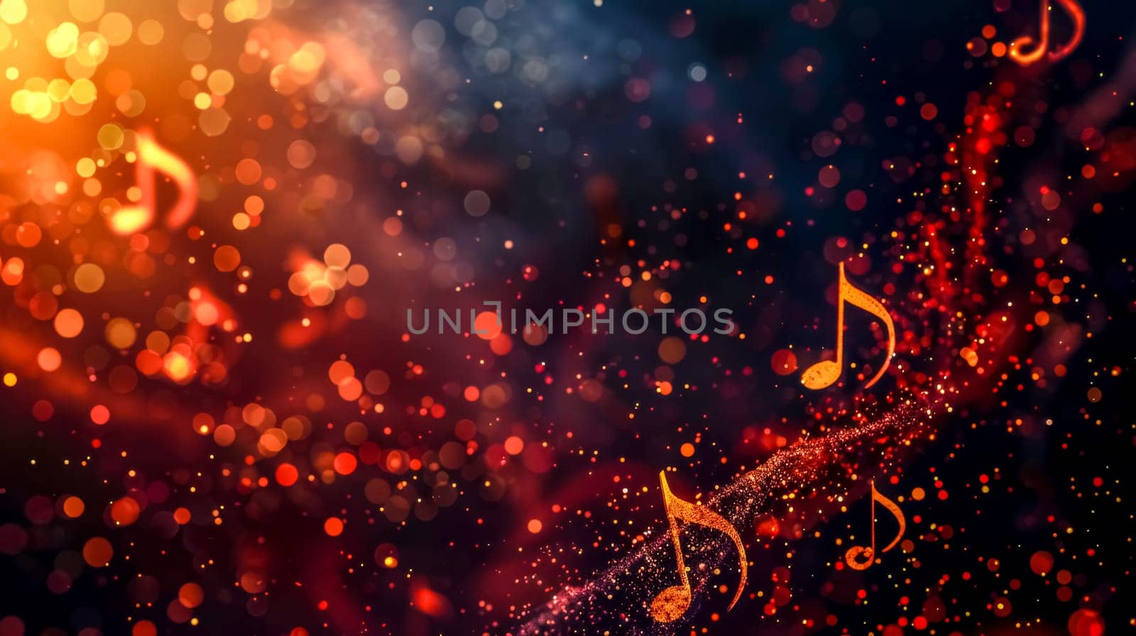 Colorful abstract background with glittering musical notes amidst a dreamy bokeh light effect