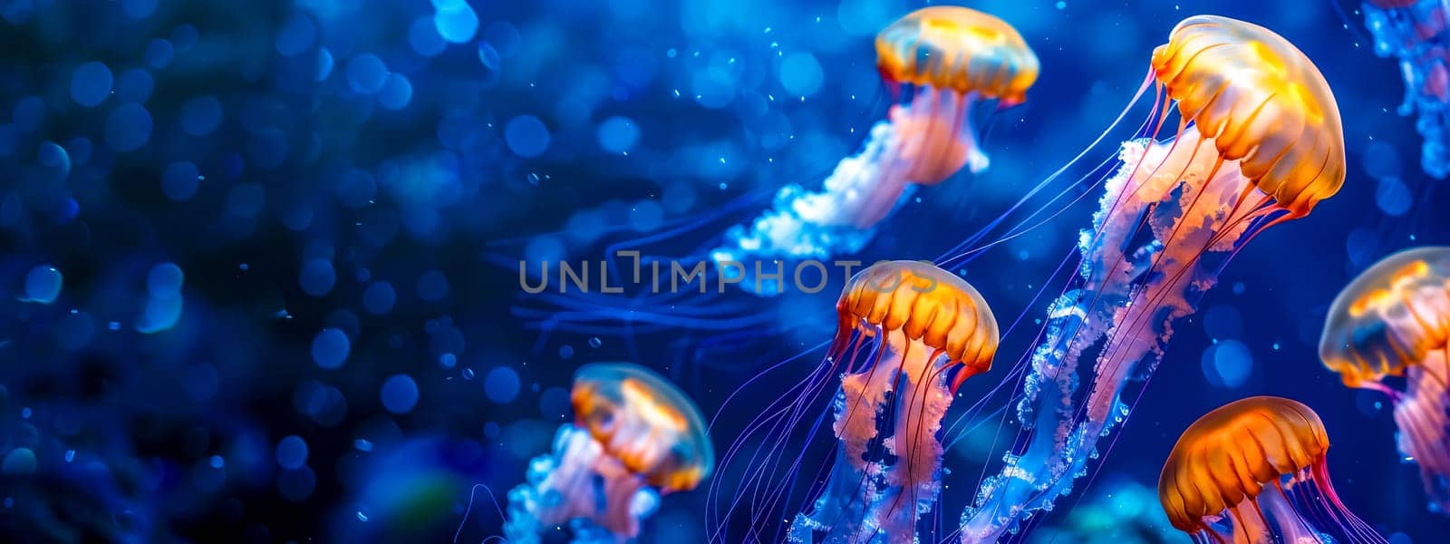 Captivating scene of glowing jellyfish elegantly drifting through deep blue ocean waters