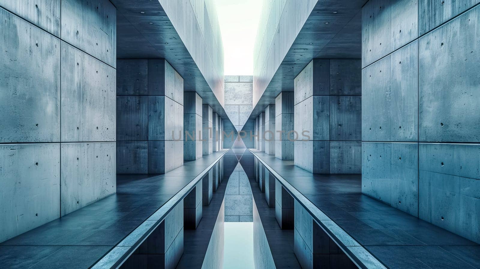 Sleek, symmetrical corridor featuring a minimalist concrete structure with a reflective floor