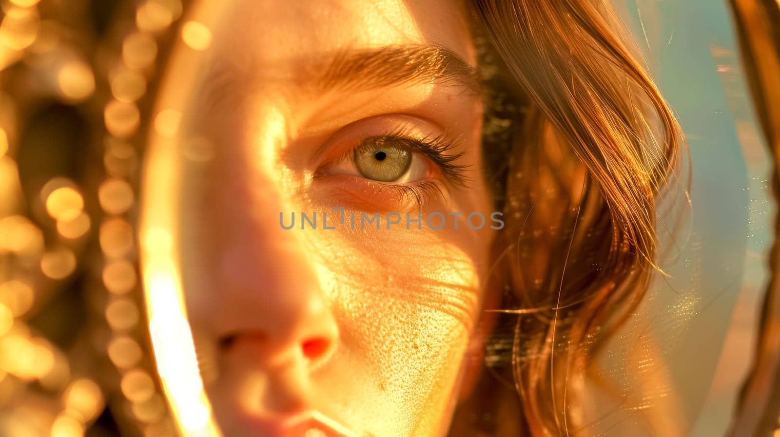 Captivating close-up portrait of a serene and tranquil caucasian woman during the intimate golden hour