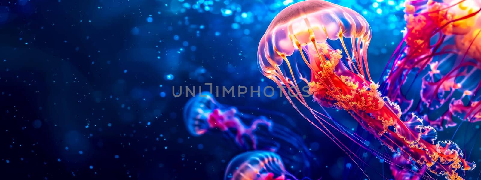 Vibrant jellyfish swimming in deep blue sea by Edophoto