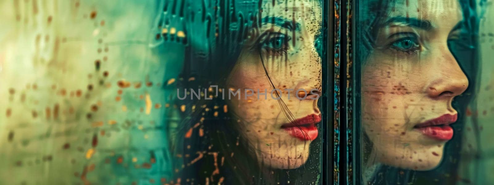 Close-up of a pensive woman's reflection on a window dappled with raindrops