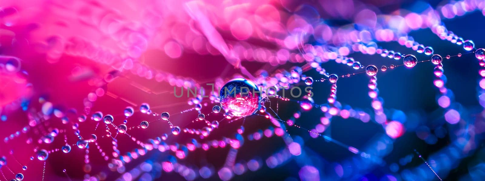 Close-up of a colorful spider web glistening with dew in a dreamy abstract background