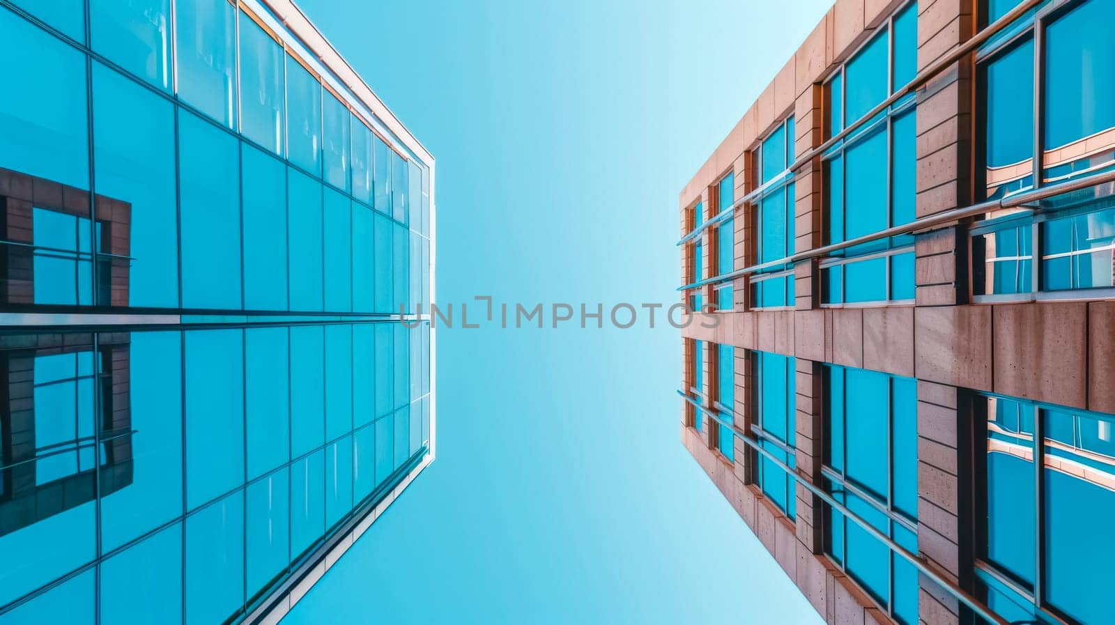 Upward view of reflective glass buildings with a clear sky