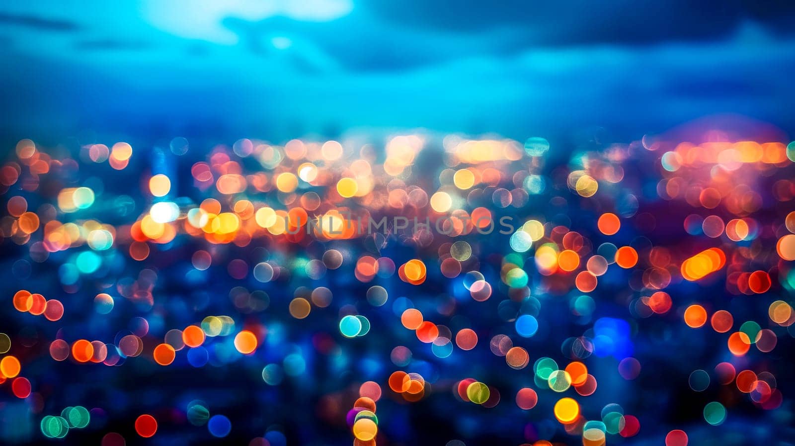 Abstract blur of cityscape lights with a vibrant bokeh effect at dusk