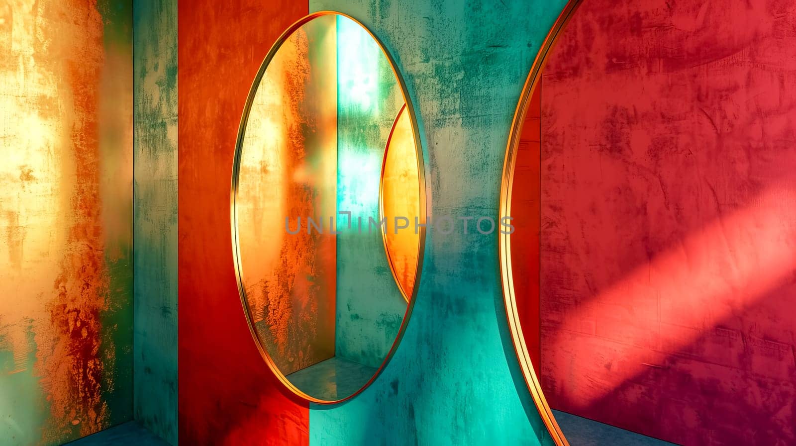 Vibrant interplay of light and shadows on textured walls with circular frames