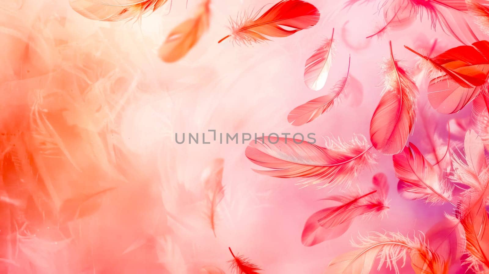 Beautiful and delicate ethereal pink feathers background with soft, floating, and romantic elements for a dreamy, light, and airy abstract design