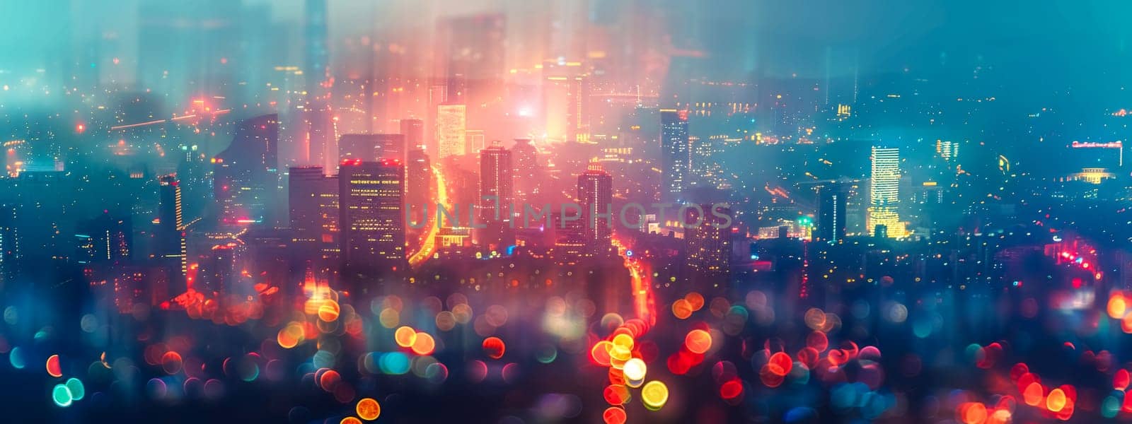 Vibrant city lights panorama at night by Edophoto