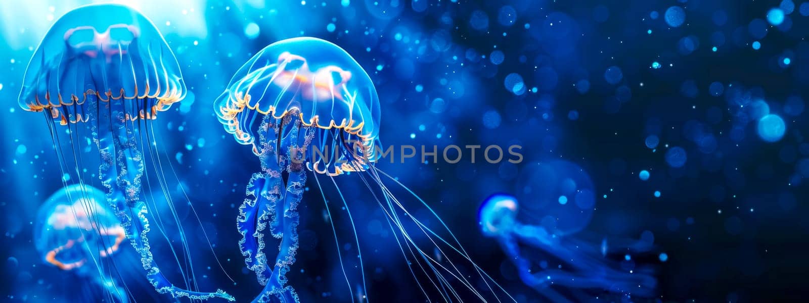 Neon jellyfish glowing with bio-luminescence against a dark blue ocean backdrop by Edophoto