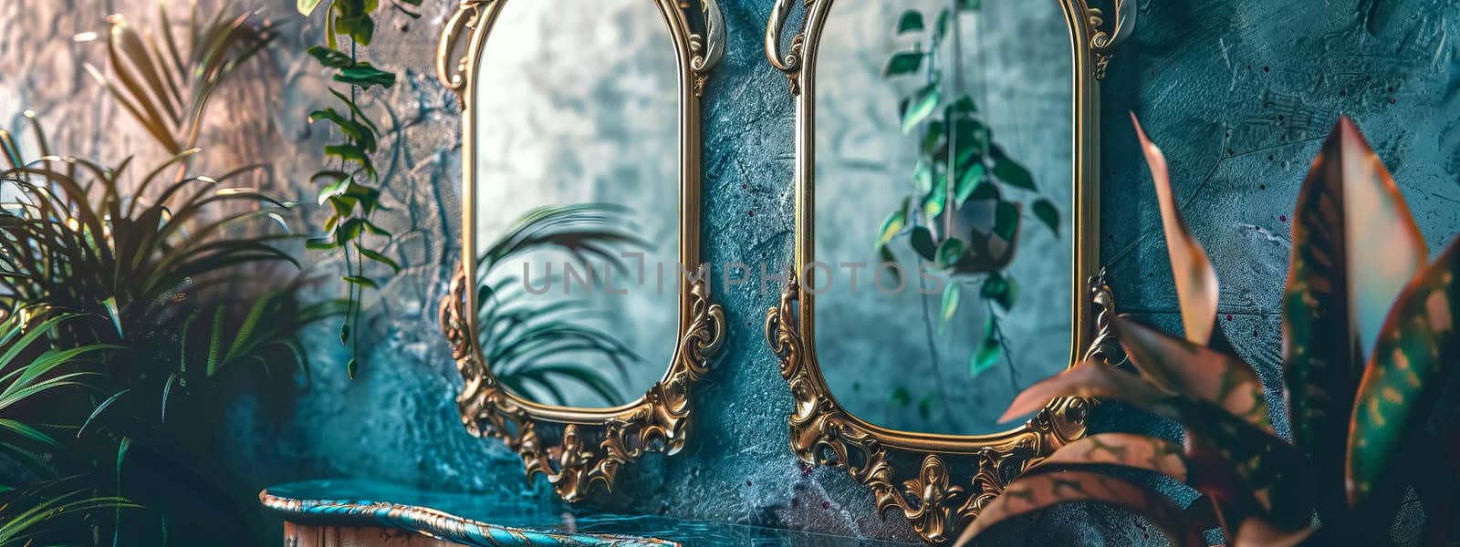 Ornate golden mirrors reflecting a serene indoor garden setting