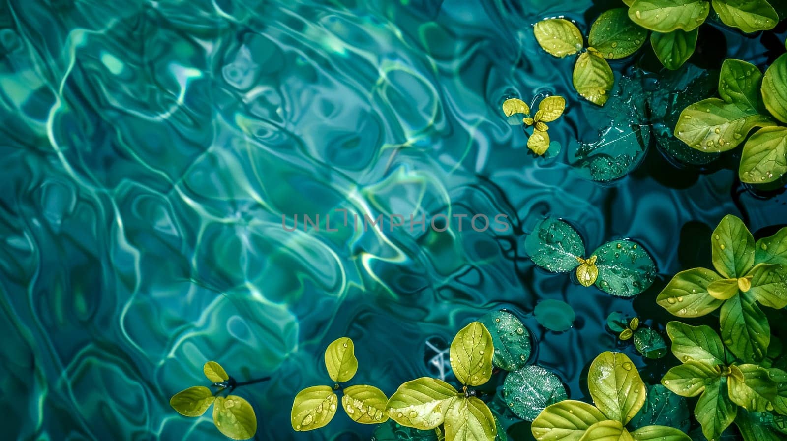 Calm blue water rippling near vibrant green leaves with sunlight reflection