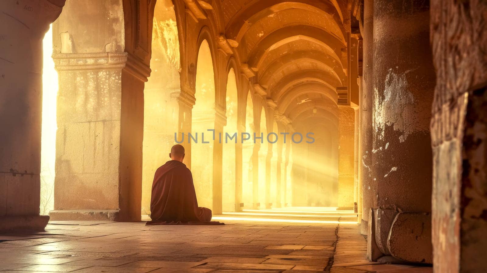 Serene monk meditation in sunlit temple corridor by Edophoto