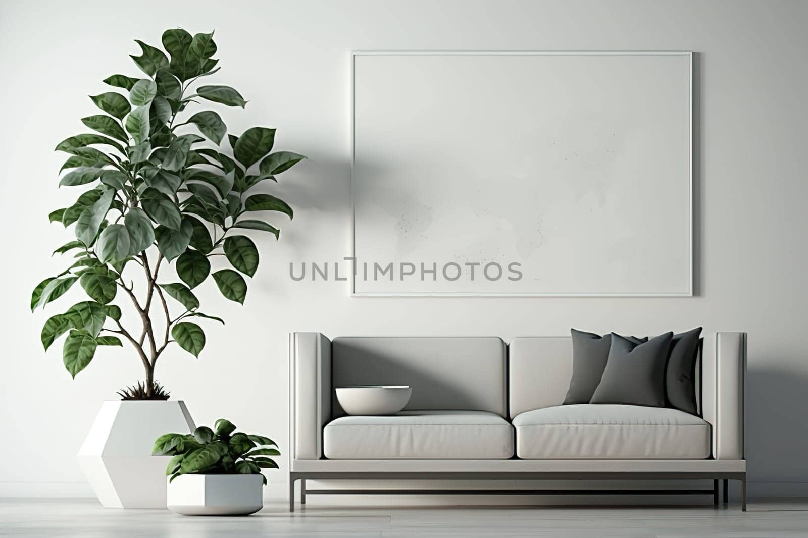 Interior of living room with cozy sofa, paintings and houseplants by Jyliana