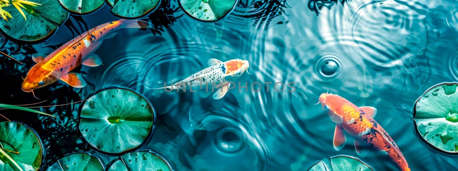 Colorful koi fish swim gracefully among green lily pads in a tranquil pond setting