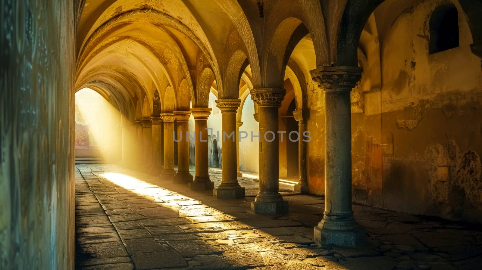 Warm sunlight bathes an old cloister's arched passageway, creating a serene and mystical atmosphere