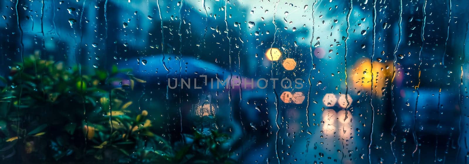 Rainy window with blurred city lights by Edophoto