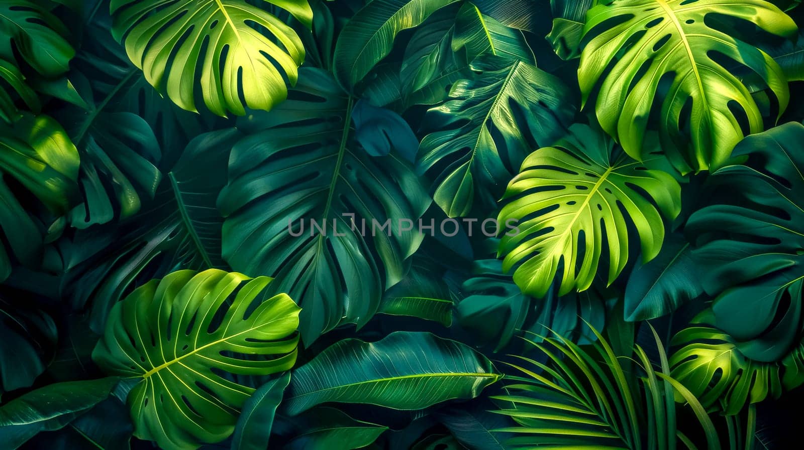 Vibrant, detailed view of dense tropical foliage with monstera leaves