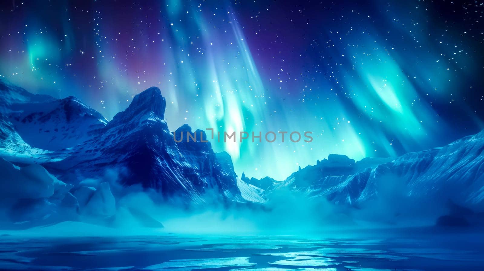 Majestic northern lights dance above a snowy mountain range and icy terrain