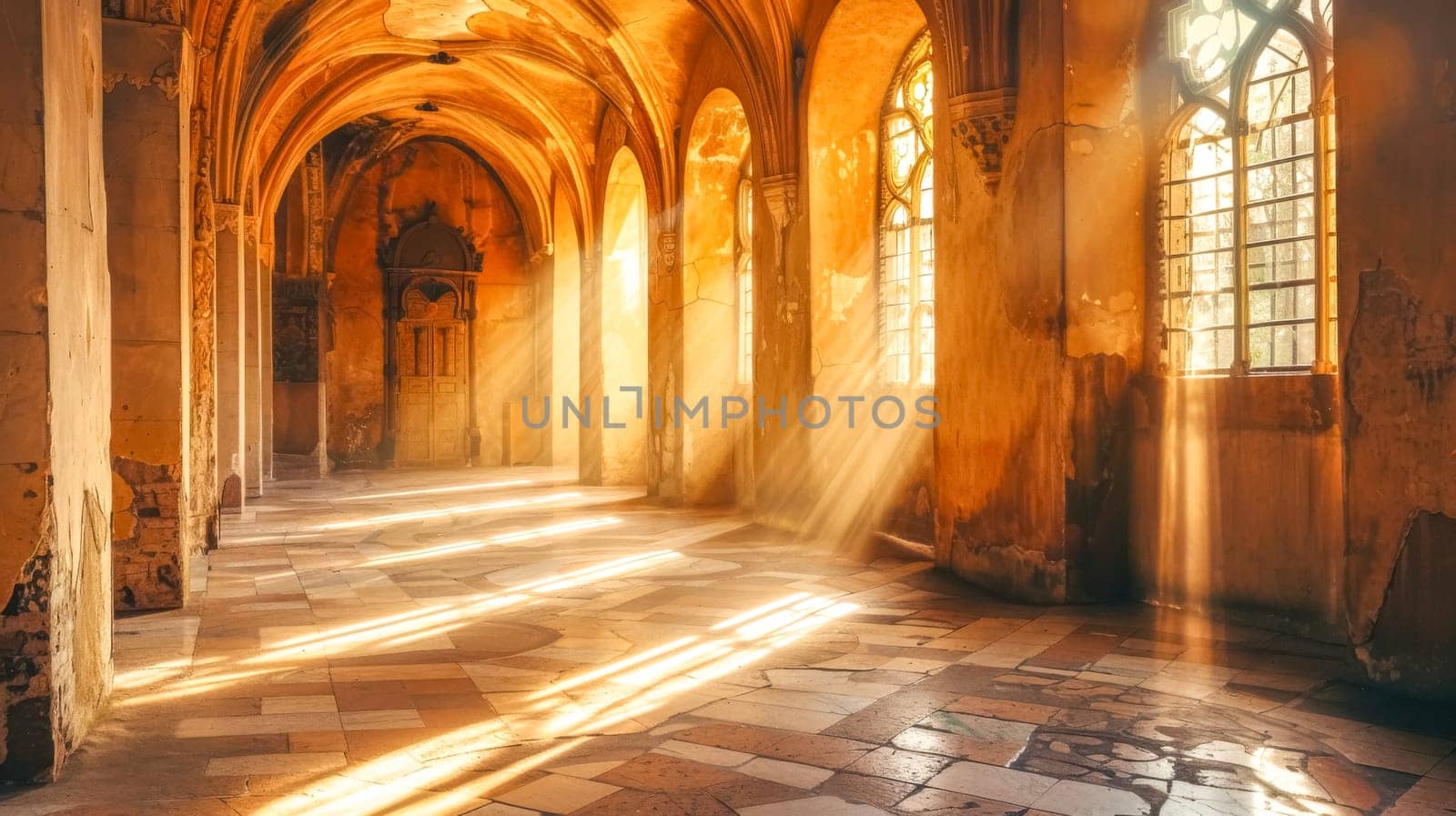 Golden sunlight streams through arched windows in an ancient, empty church interior