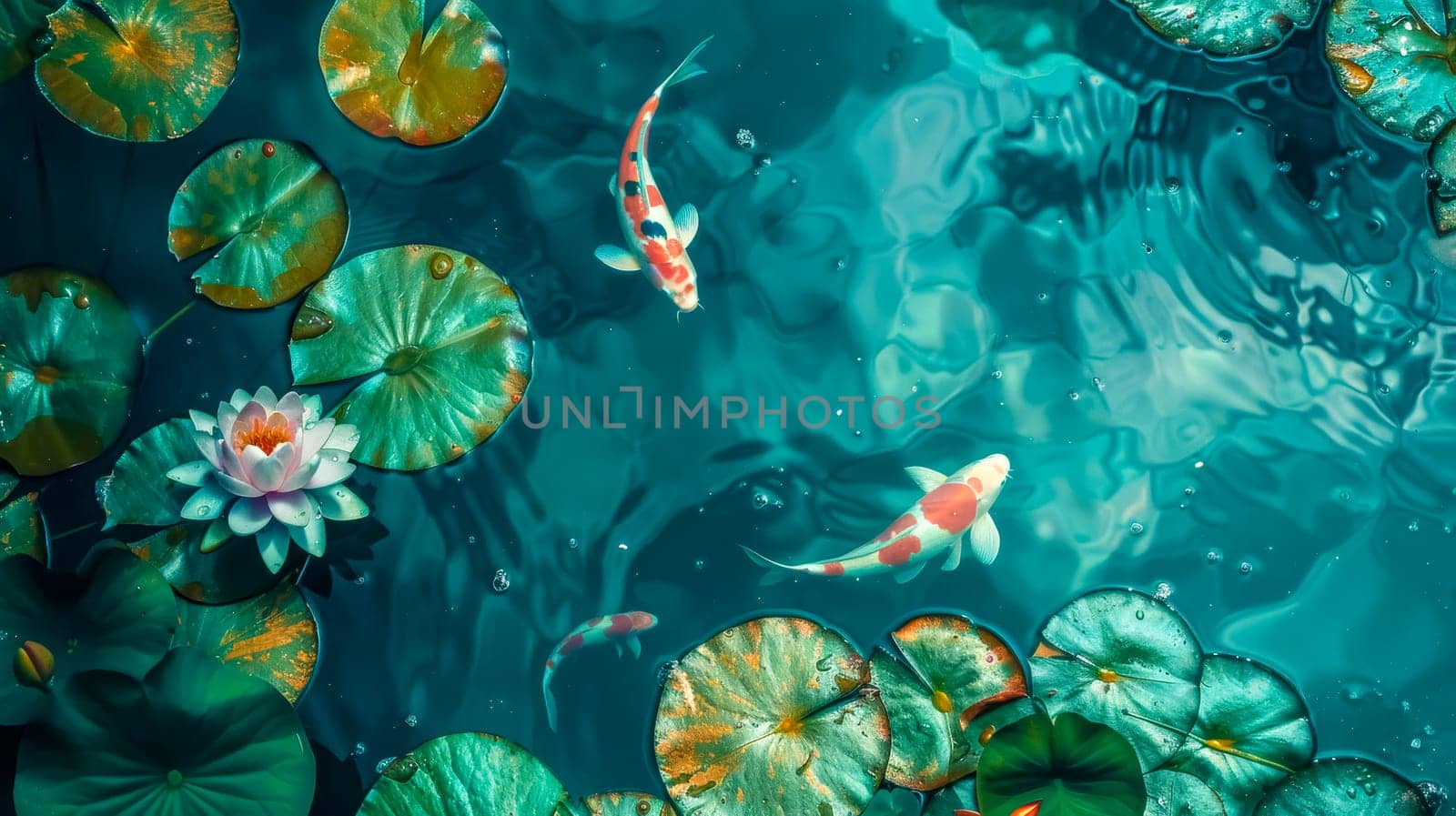 Overhead view of a serene pond with koi fish swimming among vibrant water lilies