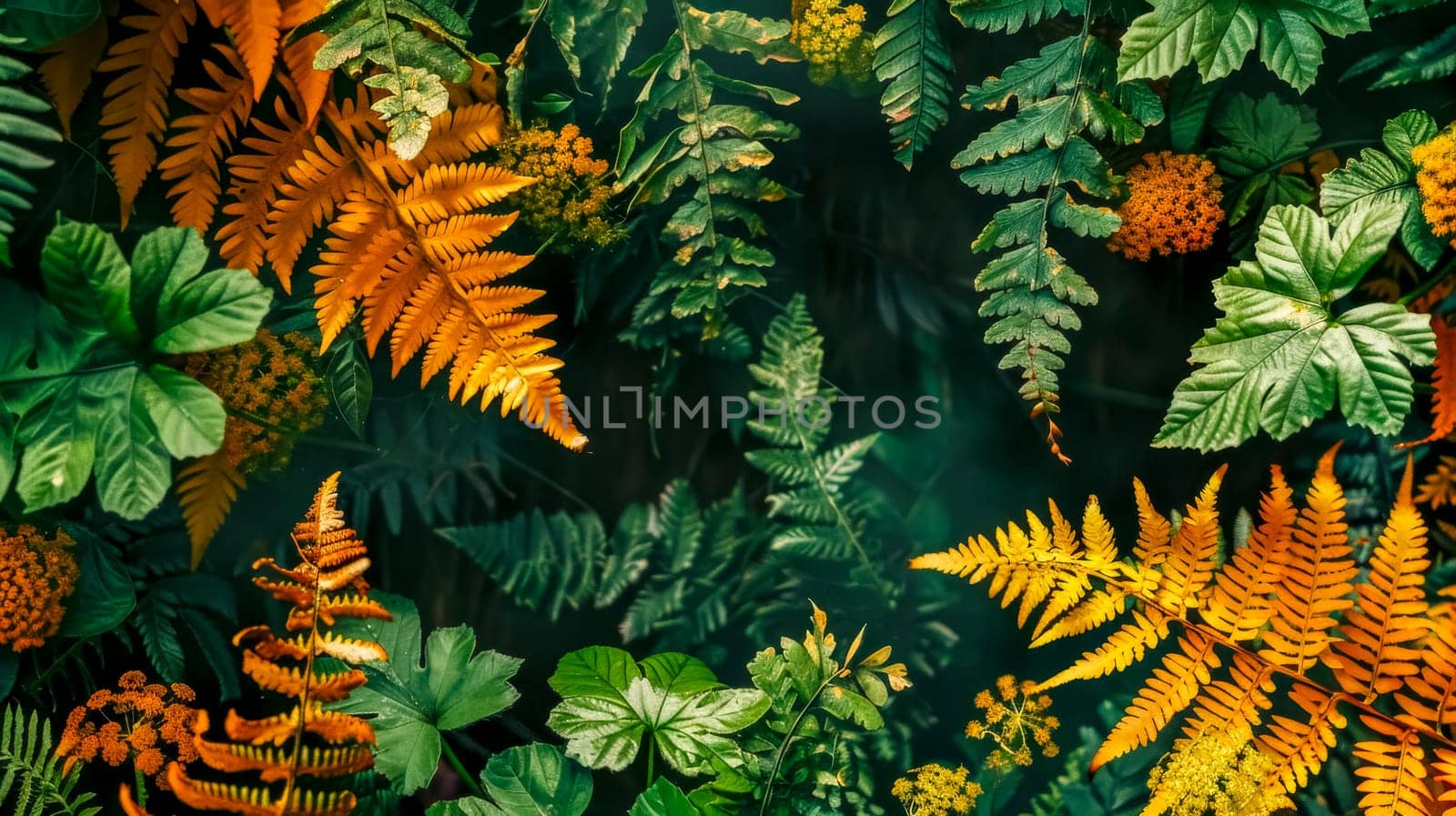 Lush greenery with a mix of vibrant orange ferns creates a dense tropical background