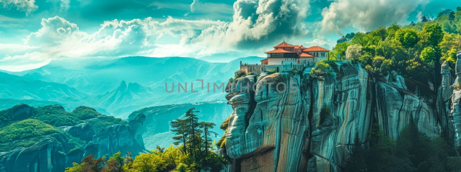 Panoramic view of a serene monastery atop a rugged cliff with a sweeping valley backdrop
