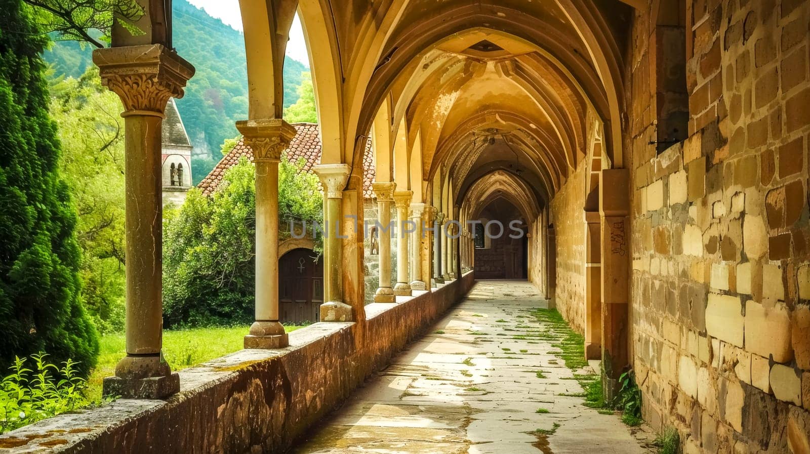 Serene monastery cloister in lush valley by Edophoto