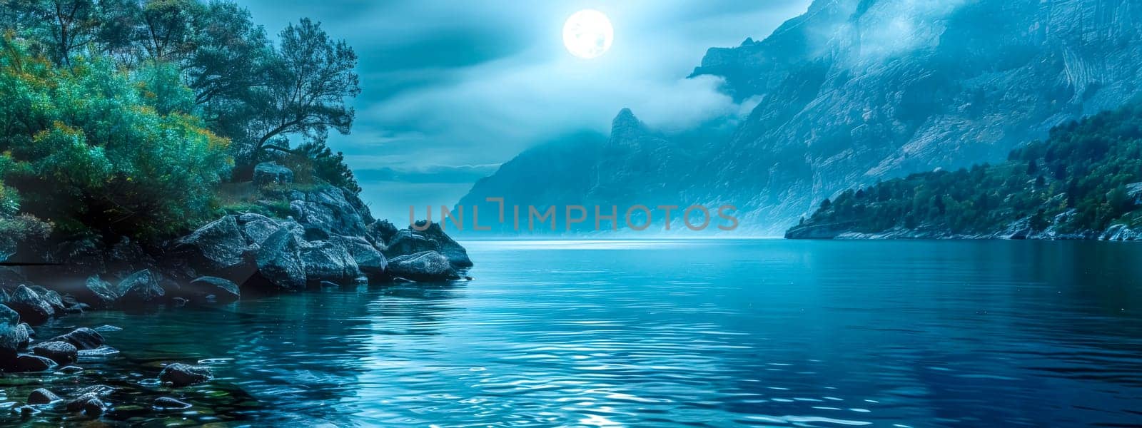 Serenely tranquil full moonlit lake landscape with mountains. Rocks. And trees reflecting in the calm water under the clear nocturnal sky. Perfect for nighttime photography enthusiasts