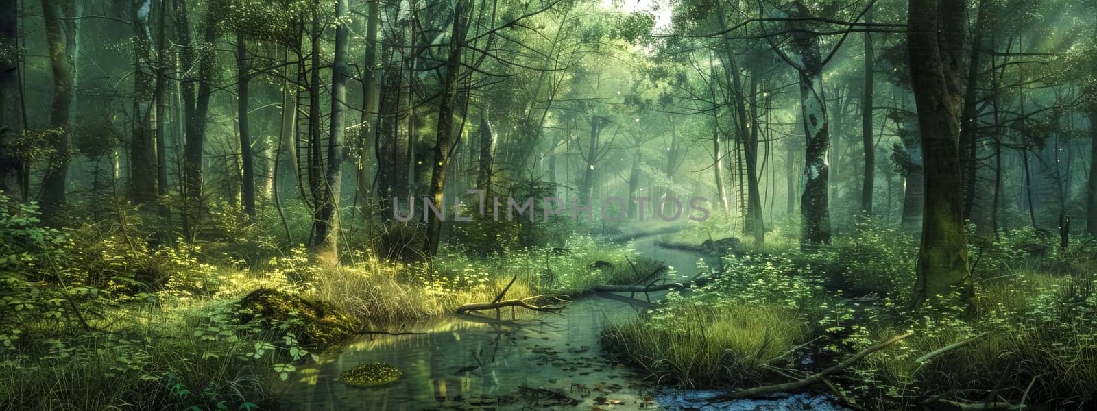 Panoramic view of a magical forest with mist and sunbeams filtering through trees