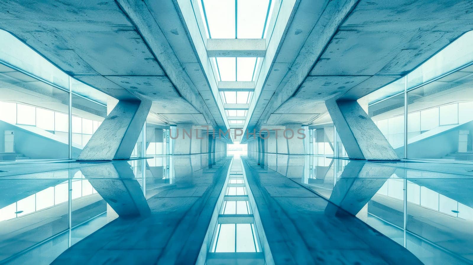 Symmetrical futuristic blue-toned architectural corridor with minimalistic abstract design and geometric lines. Featuring cool blue tones. Empty vanishing point