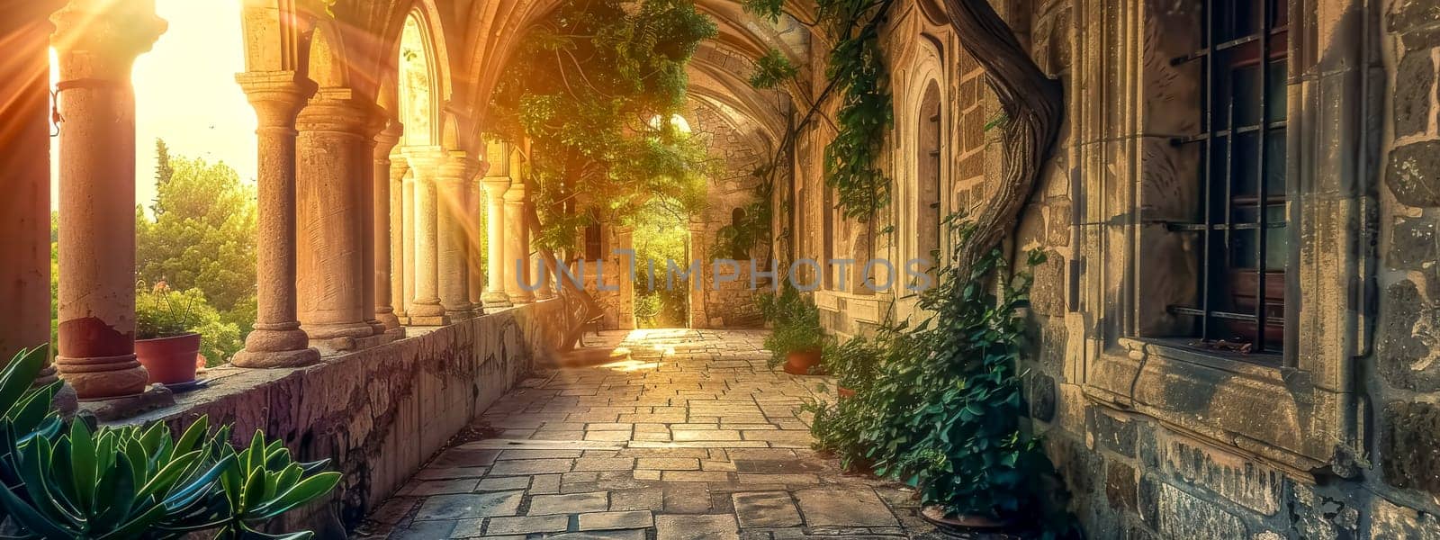 Serene scene of a sun-drenched cloister with antique architecture and lush greenery by Edophoto