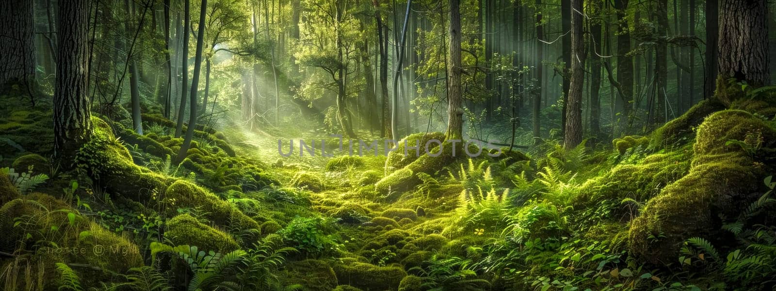 Ethereal sunbeams filter through a lush, green forest, highlighting the moss-covered ground