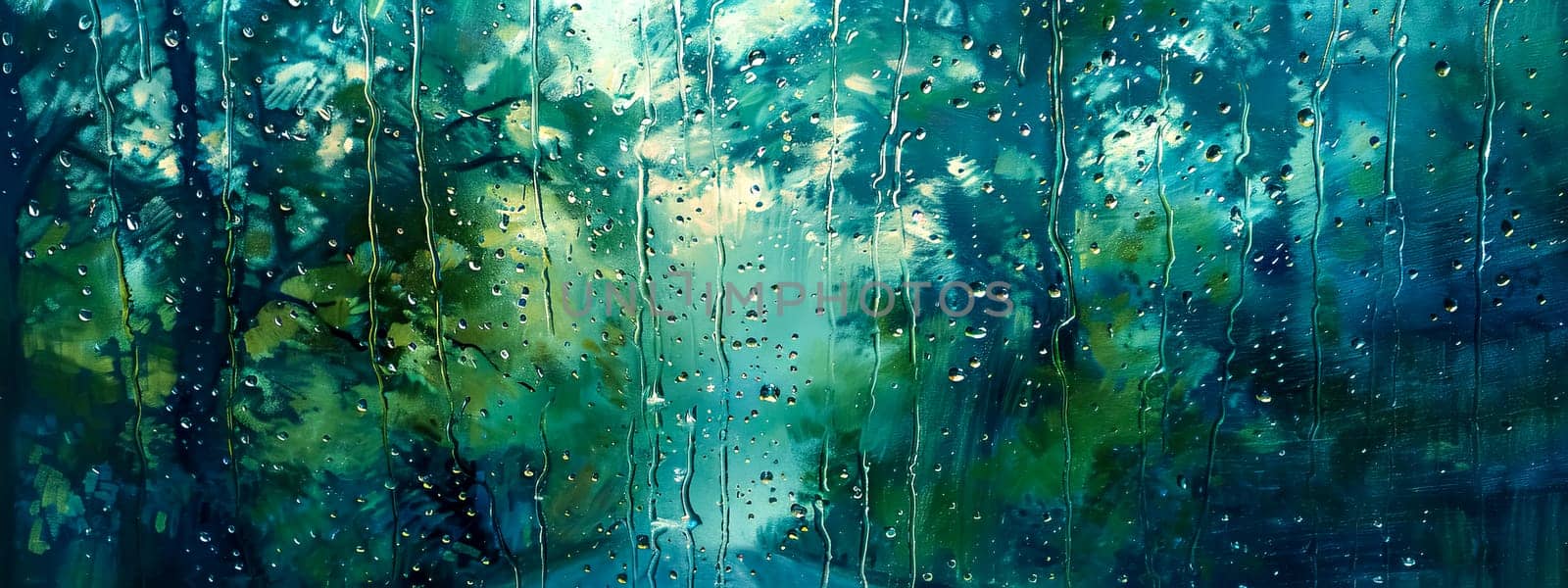Raindrops on window with forest view by Edophoto