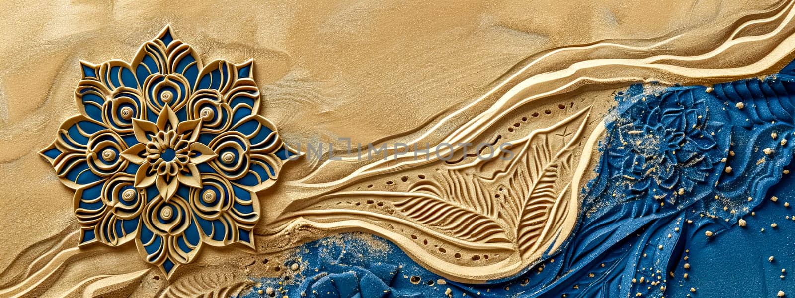 Artistic composition with a golden mandala on sand adjoining vibrant blue textured material
