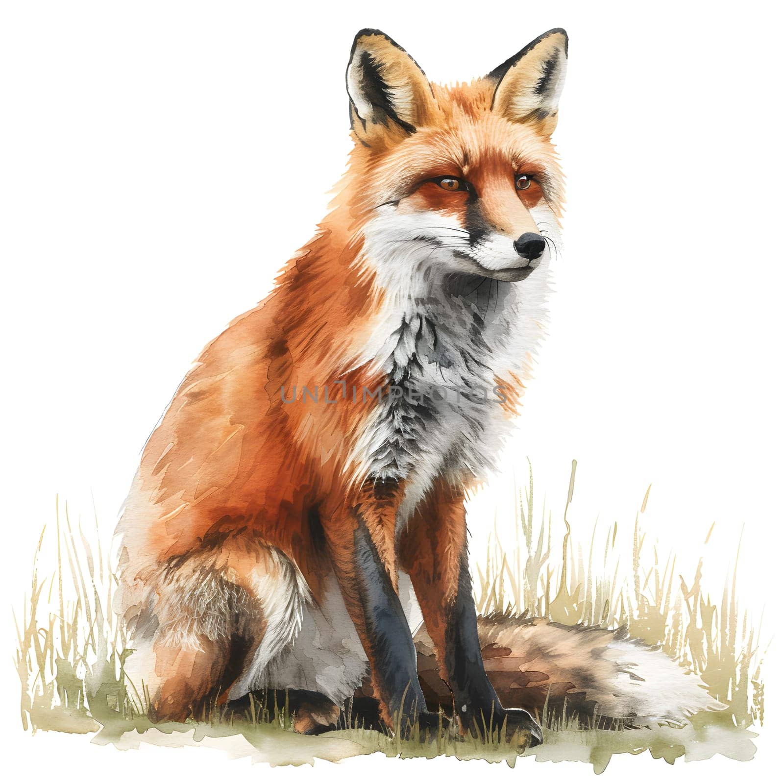 A carnivorous terrestrial animal, the red fox, is depicted sitting gracefully in the grass on a white background in a beautiful painting