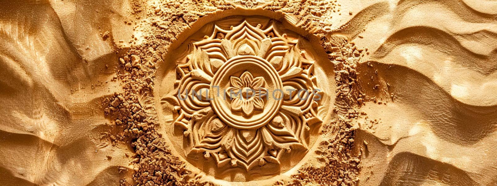 Close-up of a beautiful mandala pattern sculpted in the golden sand, representing creativity and tranquility