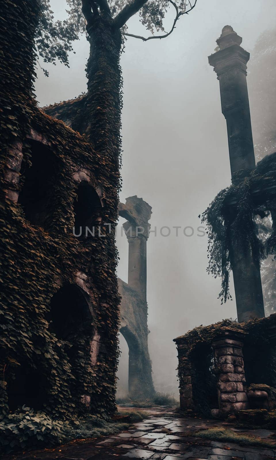 Mist-Clad Ruins. The remnants of an ancient castle, shrouded in mist. Ivy-clad walls crumble gracefully, and forgotten statues guard the entrance.