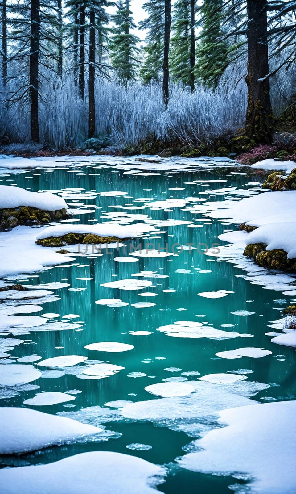 Frozen Fairy Pond. In the heart of a snow-covered forest, a pond lies frozen. Delicate frost patterns adorn its surface, and beneath the ice, mythical creatures slumber.The stillness and magic of winter.