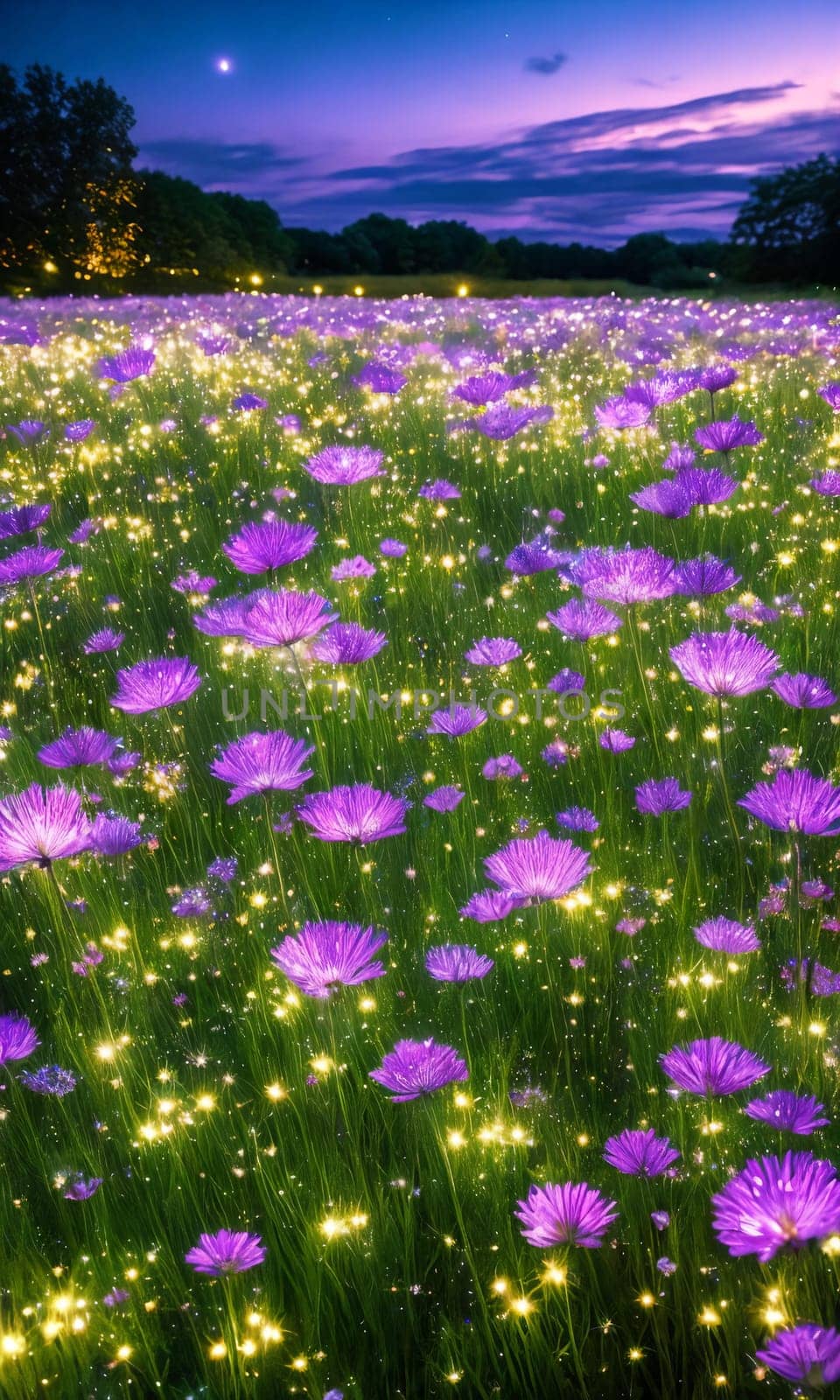 Stardust Meadow. At twilight, a meadow blooms with luminescent flowers. by GoodOlga