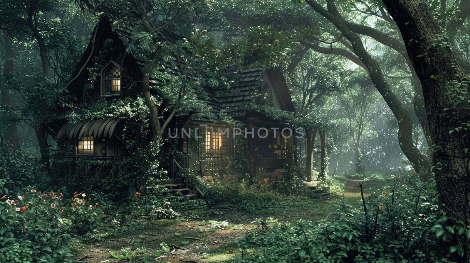 Fantasy hut in greenery hiding in the forest AI