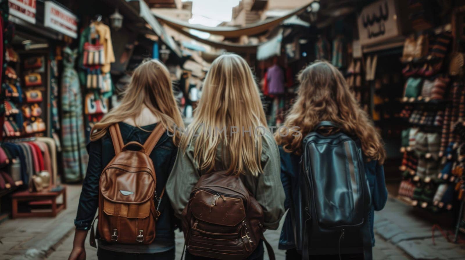 Caucasian female tourist. Girls exploring the city and walking along narrow streets AI