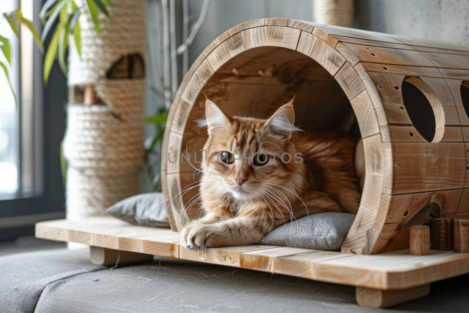 A Cats are laying on a wooden structure.