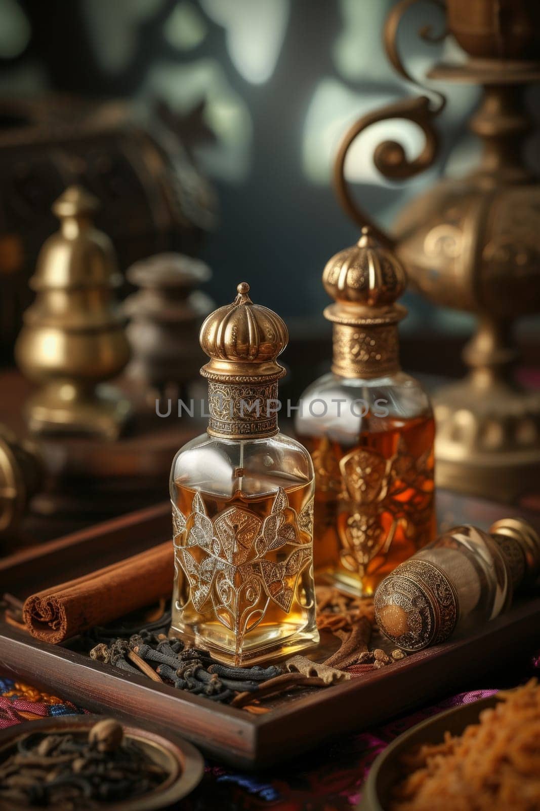 Close-up of a perfume bottle on a table in the interior by Lobachad