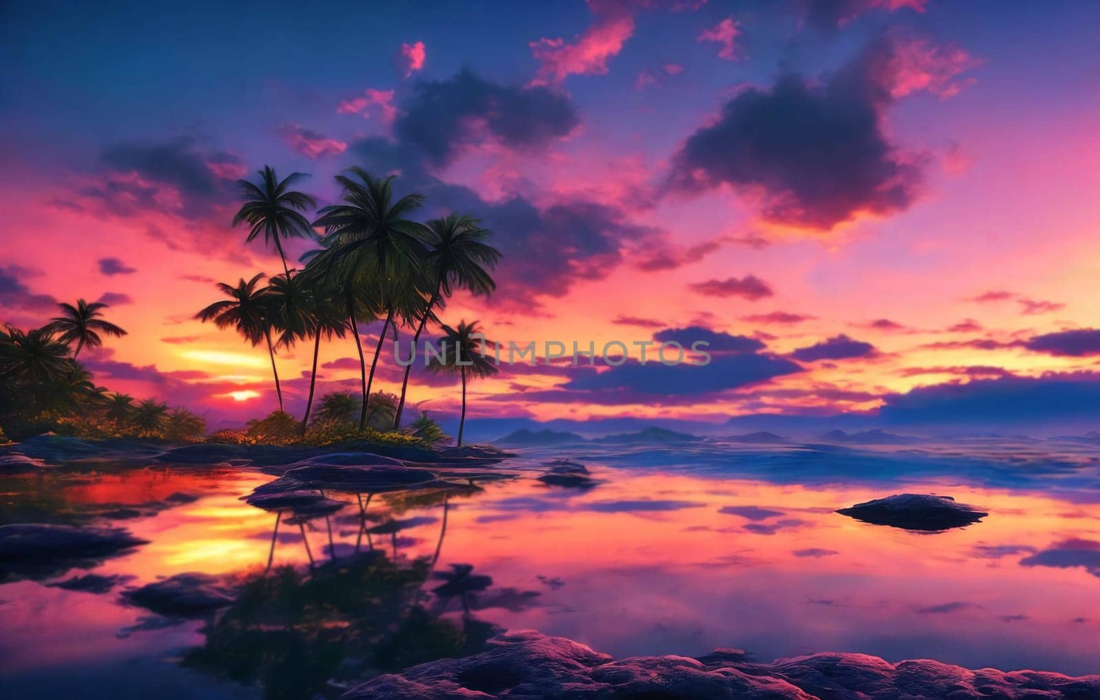 Sunset paints the sky in hues of pink and blue over a tranquil sea, palm trees lining the shore on Paradise fantasy planet.