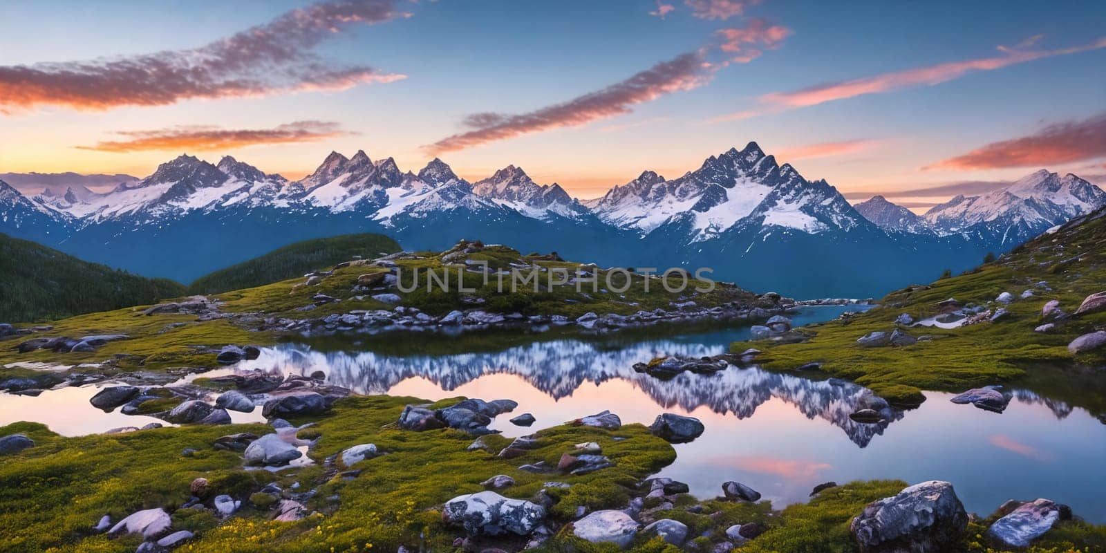 Serene Mountain Vista. Capture a breathtaking sunrise over snow-capped mountains. Panorama