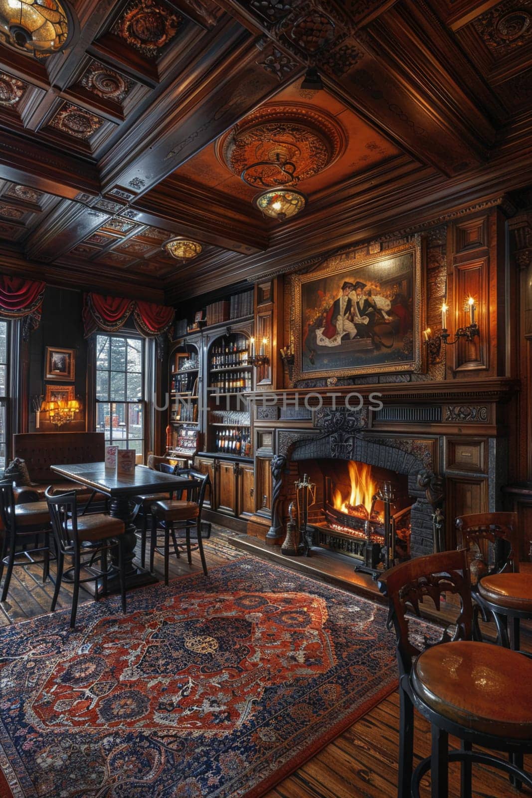 Old English pub with dark wood, cozy fireplaces, and traditional ale taps8K