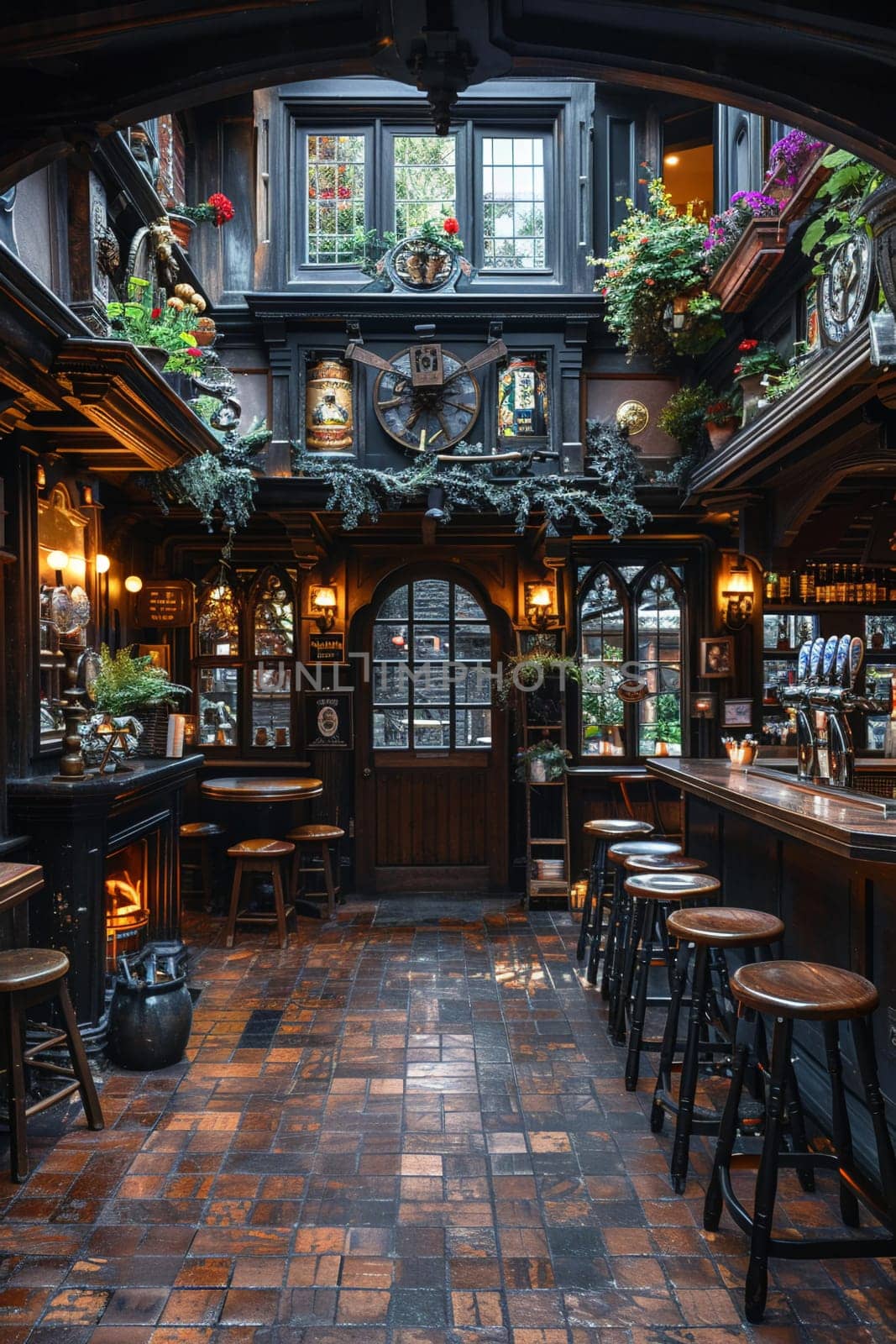 Old English pub with dark wood, cozy fireplaces, and traditional ale taps8K